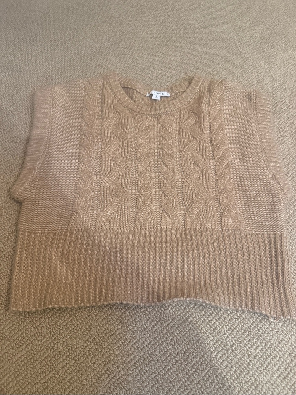 Cable-Knit Cropped Crewneck Sweater Vest in Tan